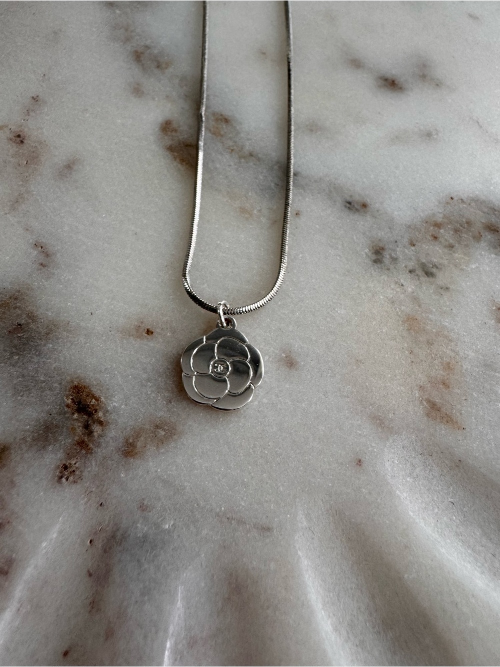 CHANEL Silver Camellia Pendant Necklace